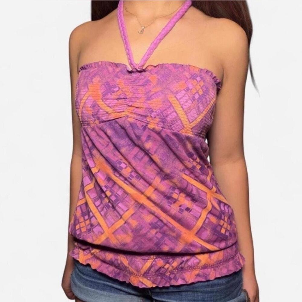 Vintage Y2K Mudd Purple & Orange Boho Halter Tunic Top Size Medium